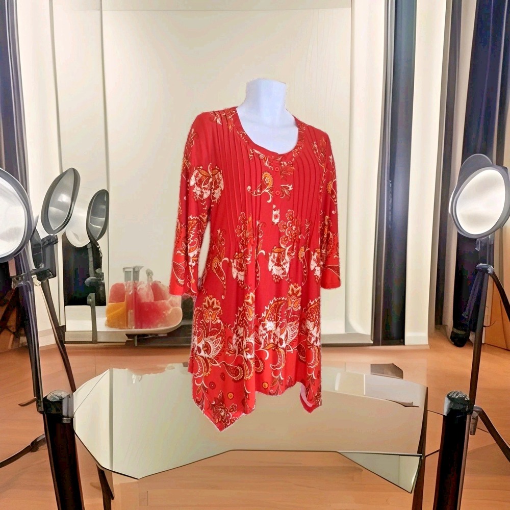 White Mark Swing Dress 1X Orange Paisley Sharkbite‎ Hem Pintuck Front Pockets